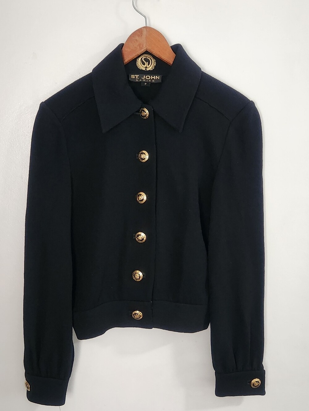 St. John Basics Jacket Black Santana Knit Gold Button Front Size P = XS